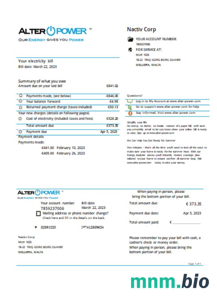 AlterPower Malta proof of address rachunek za usługi komunalne